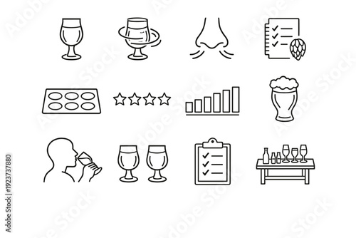 Beer tasting. Line icon set of Beer tasting: tasting glass, swirl motion, aroma nose, flavor notes card, tasting mat, rating stars, beer