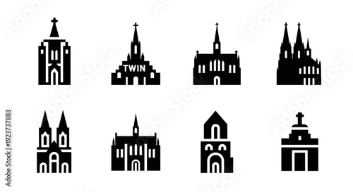 Collection of church silhouettes: gothic and modern architectural designs