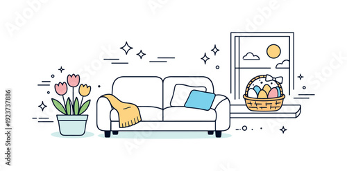 Cozy living room scene with tulips and Easter eggs by the window