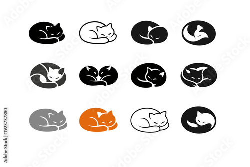Cat. Icon set. Set Logo of Cat: sleeping curled cat. harmonious logo variations of the same emblematic concept, each with different artistic