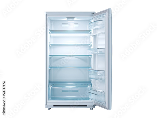 Explore the inside of an empty, minimalist fridge with bright, built-in lighting and spacious compartments