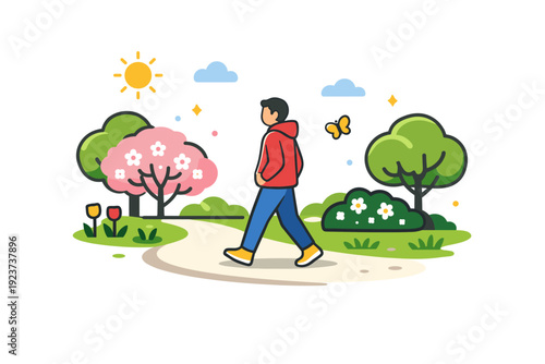 Spring park walk a person strolling along a quiet park path lined with fresh trees and early blossoms, capturing a calm moment of relaxation and seasonal