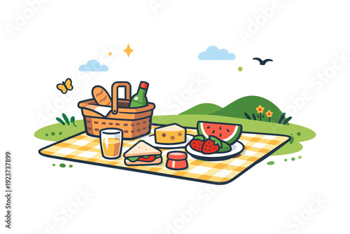 Spring picnic minimal countryside moment with food, grass and gentle sunlight, creating a peaceful and inviting seasonal mood. Minimalist