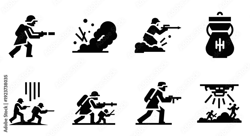 Obraz premium Retro military silhouettes: soldiers in action with explosions and battleship elements