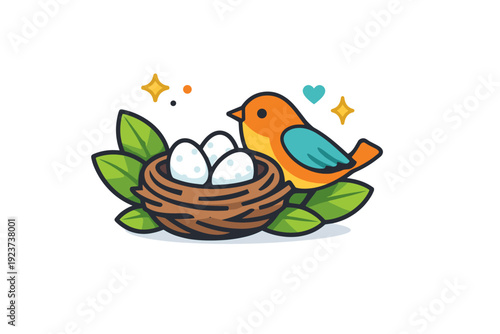 Birds a nest with eggs and a bird nearby surrounded by leaves, representing care, safety, and new beginnings. Minimalist flat