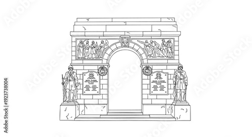 Historic arch with sculptures and soldiers in linear outline art on white background
