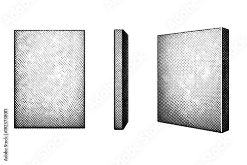 Poster template layout object shown in three views including front view, side view, and three-quarter view with realistic rectangular