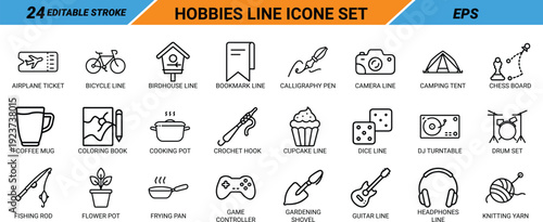 Hobbies line icon set with 24 editable stroke icons Keywords: airplane ticket, bicycle