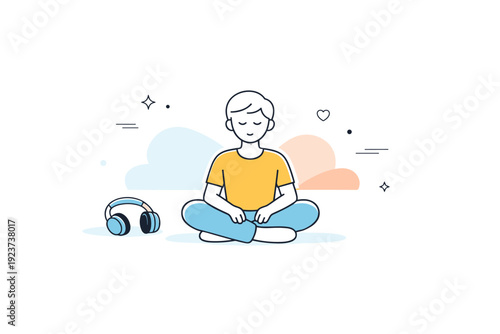Headphones off moments as a visual metaphor. A figure with headphones placed aside, surrounded by open space and soft abstract shapes.
