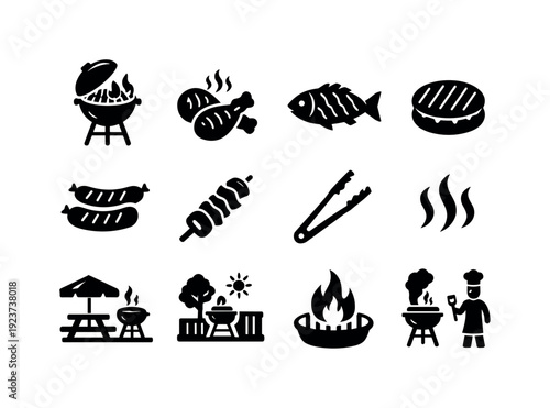 Collection of barbecue and grilling icons representing food and cooking equipment