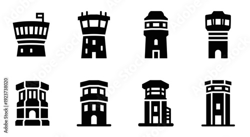 Silhouette control tower icons set for airport and aviation design projects