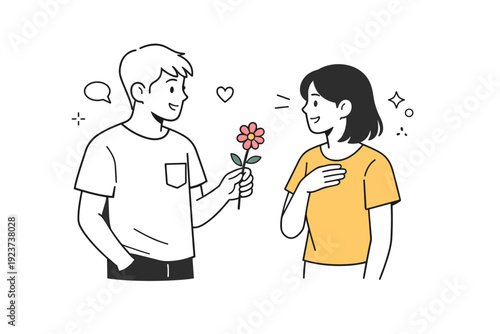 Single-flower gifting concepts. Two people standing close, one lightly offering a flower while conversation continues. Natural timing and