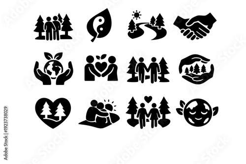 Nature Togetherness. Solid icon set of Nature Togetherness: couple in forest, harmony leaf, peaceful path, hand connection, eco bonding icon, shared trail,