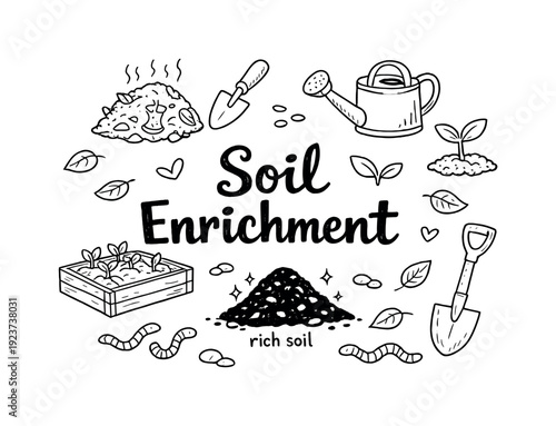 Soil Enrichment. Hand-drawn doodle illustration of Soil Enrichment. rich soil, compost pile,