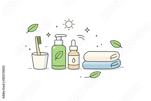 Eco-Friendly Morning Ritual. Eco-conscious morning routine. Toothbrush, skincare bottles, towel, and leaf icons arranged harmoniously. Gentle everyday ritual