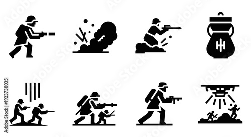 Retro military silhouettes: soldiers in action with explosions and battleship elements