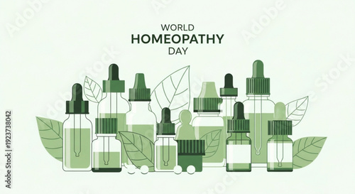 World homeopathy day illustration with green dropper bottles and leaves on light background
