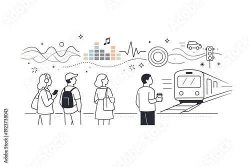 Subway and street sounds. Commuters waiting for a train with floating abstract lines and icons visualizing rhythm, echoes, and urban vibrations. Minimalist