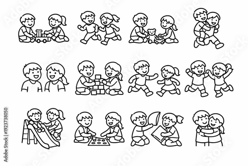 Siblings Playing. Line icon set of Siblings Playing: children playing together, siblings running, shared toys, playful interaction, laughing