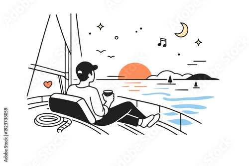 Relaxed sunset sail. A person sits comfortably on a sailboat, enjoying the changing colors of the sky and gentle movement of the water. The