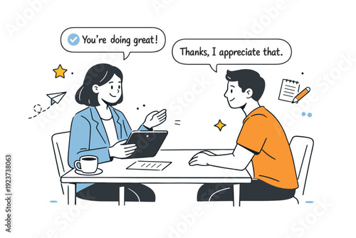 One-on-one feedback conversations. A manager and employee sit across a small table, calmly discussing notes on a tablet. Supportive dialogue