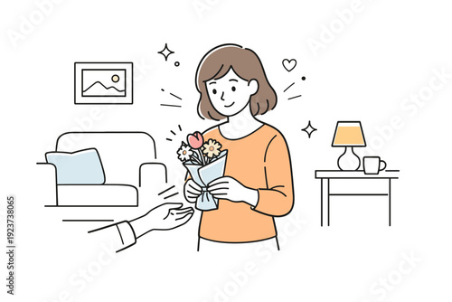 Mothers receiving flowers at home. A mother stands in a simple living room, gently accepting a small bouquet with a soft smile. Quiet
