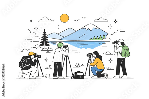 Seasonal outdoor photography meetups. Group capturing the same landscape from different angles, tripods and cameras placed lightly, sense of