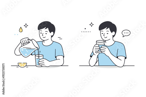 People drinking water slowly. A person refills a glass from a jug, then pauses before drinking. Emphasis on ritual and unhurried movement.