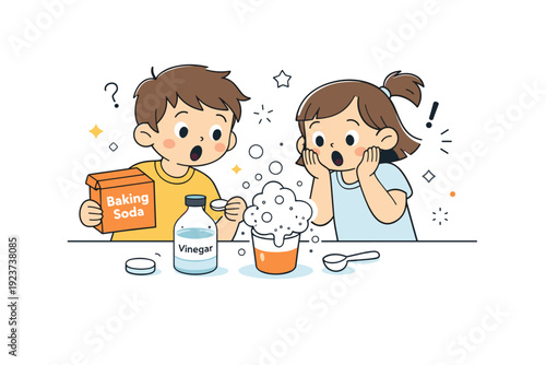 Home science experiments for kids. Children mixing baking soda and vinegar in a small cup, surprised by the fizzy reaction. Playful learning