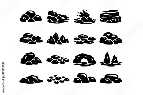 Coastal rocks. Solid icon set of Coastal rocks: seaside boulders, rocky shoreline, wave splashed rocks, layered stone cliffs, smooth erosion rocks, jagged