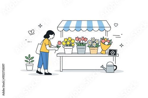 Women choosing flowers at stalls. Small figure browsing flowers at an outdoor stall, open space around. Focus on choice, seasonal freshness, quiet visual