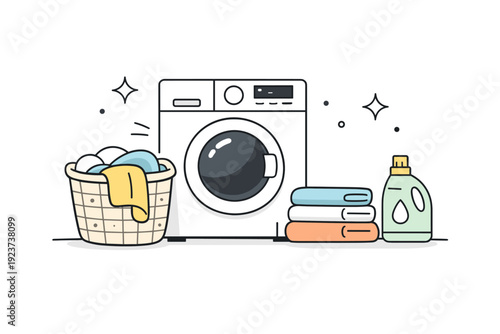 Laundry routine. A minimalist laundry corner with a washer, basket, detergent bottle, and folded towels. Clean home atmosphere, simple shapes