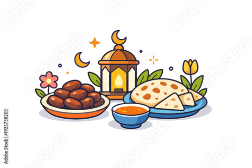 Iftar dinner spring season a cozy tabletop arrangement with dates, bread, and subtle floral accents, representing hospitality, tradition, and