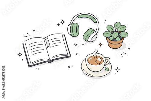 Relaxed afternoon activities visual. Top-view layout of a book, headphones, plant, and cup of tea arranged casually to suggest screen-free