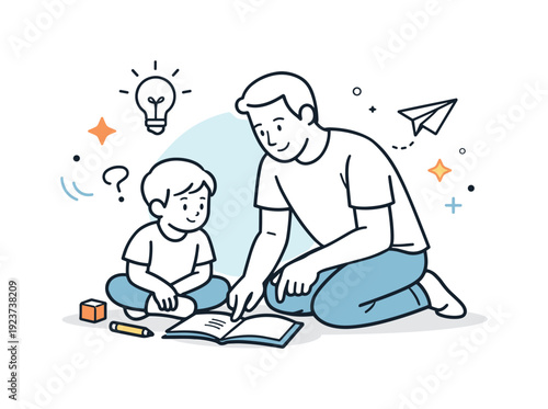 Father teaching child. A father kneeling beside a child, explaining or showing something with calm focus, symbolizing learning and support.