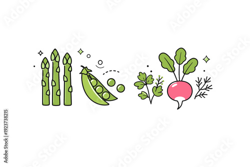 Spring seasonal produce. Minimal icons of asparagus, peas, radish, and herbs arranged in a fresh, light composition. Sense of renewal and early harvest.