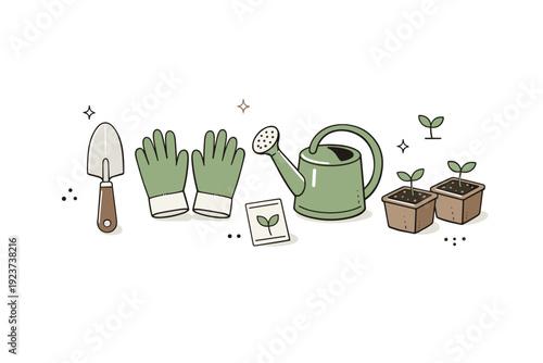 Planting tools layout. Trowel, gloves, watering can, and seedling pots arranged in a clean flat-lay style. Calm and ready-for-action feel