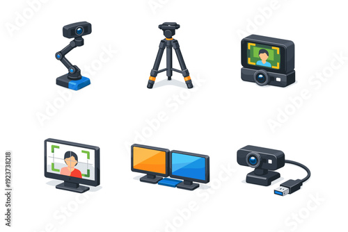 Camera tools. Isometric flat vector icons set of camera tools: adjustable webcam stand, eye-level tripod, auto framing camera, webcam positioning guide, dual