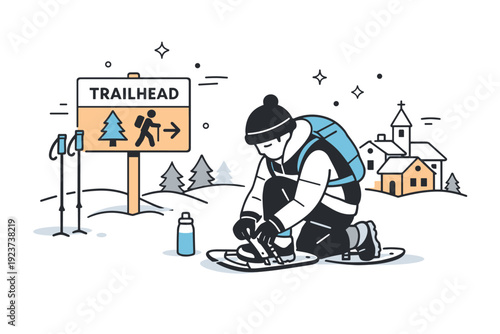 Snowshoe hiking near towns. Preparing for a winter walk, person tightening snowshoes near a trailhead sign, small town buildings visible