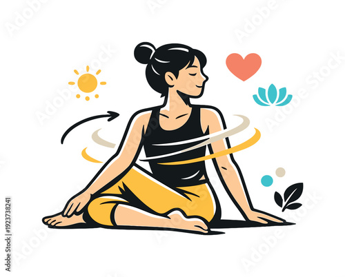Mindful movement practice. Character seated upright in a controlled twist, breathing evenly