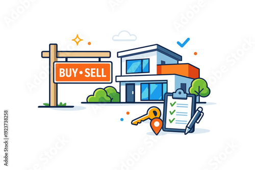 Estate a compact editorial scene with a property sign, modern building, and clean surroundings, highlighting buying, selling, and