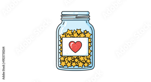 A clear glass jar is abundantly filled with numerous bright yellow stars featuring a prominent red heart label on its front, Generative AI.