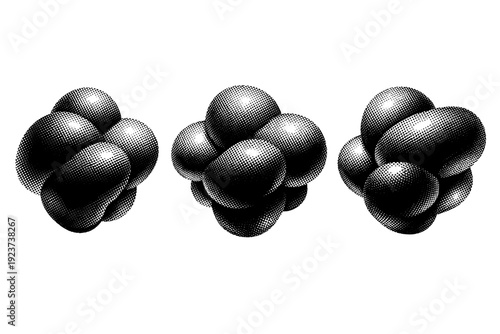 Floating abstract object clustered solid, a unified floating object composed of smoothly fused rounded volumes presented in three rotated