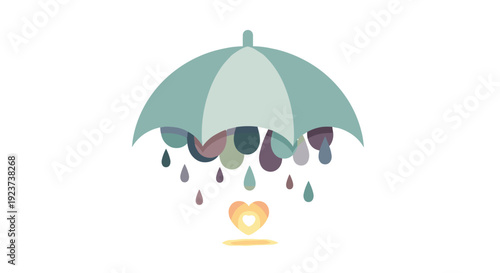 A light blue umbrella shelters a radiant glowing golden heart from a shower of colorful pastel-toned raindrops falling softly, Generative AI.