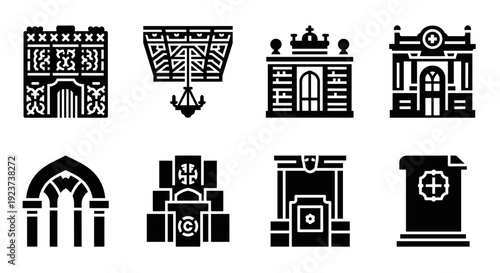 Collection of historic mexican building icons in silhouette style