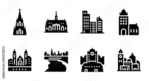 Monochrome city silhouettes of iconic landmarks and buildings