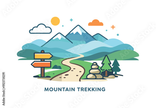 Mountain trekking depicted as a calm trail scene with layered hills, clouds, and subtle direction markers, evoking mindful travel and steady