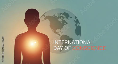 International day of conscience silhouette with glowing heart and earth background