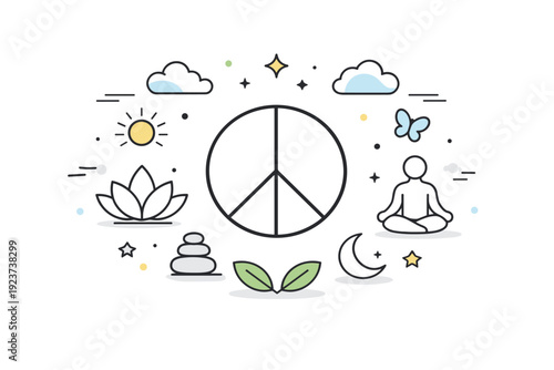 Harmony and balance. A clean abstract scene with symmetrical icons, soft lines, and a central peace symbol, expressing stability and inner