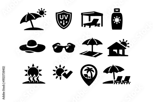 Seaside sun protection. Solid icon set of seaside sun protection: beach umbrella with sun, UV protection shield, shaded lounge area, sunscreen bottle, wide